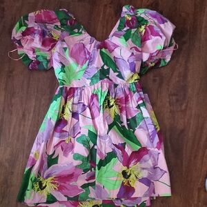 Express Pink and Green Floral Puff Sleeve Dress